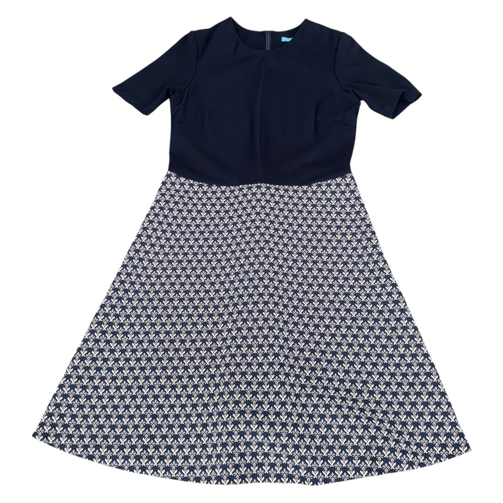 J.McLaughlin Fit & Flate Dress Size 8 Navy Blue & White Geometric‎ Print Party